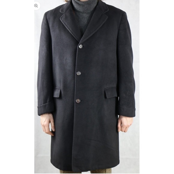 Vintage 1960s Mens Black Cashmere Overcoat Top Coat Old Money Business Large EUC
